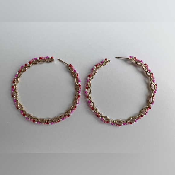 Large Pink & Gold Hoops - Oversized Gold Hoops- Trendy Boho Chic Earrings - Picture 6 of 14